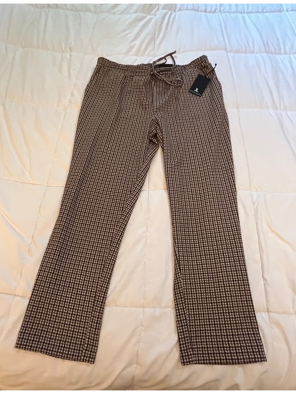 Tan and Brown Houndstooth Pattern Pants Drawstring Waist NEW size Extra Large